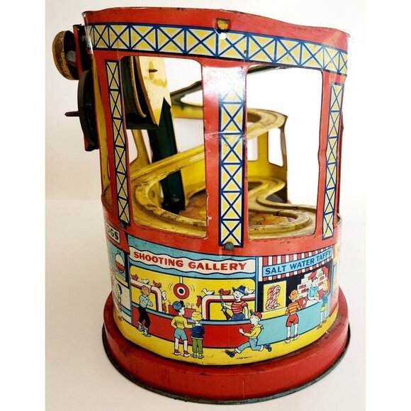 1940-50s J. Chein Tin Litho Wind Up Rollercoaster Toy Antique Circus INVRM - Picture 6 of 10